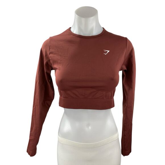 Gymshark Brown Long Sleeve Crew Neck Logo Yoga Workout Athletic Crop Top Size M - Picture 1 of 3